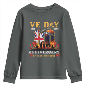 VE Day 80th Anniversary Youth Sweatshirt 2025 Celebration Union Flag WWII Remembrance TS02 Dark Heather Print Your Wear