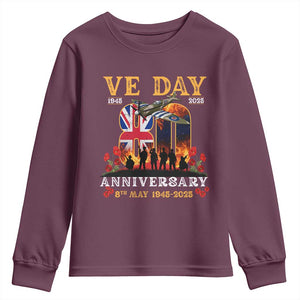 VE Day 80th Anniversary Youth Sweatshirt 2025 Celebration Union Flag WWII Remembrance TS02 Maroon Print Your Wear