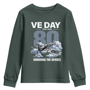 VE Day 80th Anniversary Youth Sweatshirt 2025 Celebration WWII Remembrance Retro TS02 Dark Forest Green Print Your Wear
