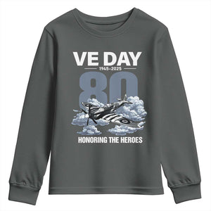 VE Day 80th Anniversary Youth Sweatshirt 2025 Celebration WWII Remembrance Retro TS02 Dark Heather Print Your Wear