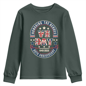 VE Day 80th Anniversary Youth Sweatshirt 2025 Patriotic WWII Remembrance Vintage TS02 Dark Forest Green Print Your Wear