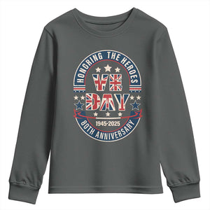 VE Day 80th Anniversary Youth Sweatshirt 2025 Patriotic WWII Remembrance Vintage TS02 Dark Heather Print Your Wear
