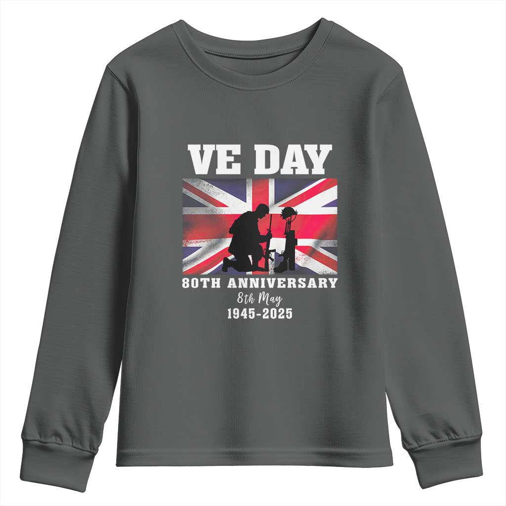 VE Day 80th Anniversary Youth Sweatshirt Victory in Europe Union Flag WWII Remembrance TS02 Dark Heather Print Your Wear