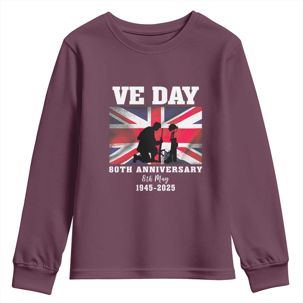 VE Day 80th Anniversary Youth Sweatshirt Victory in Europe Union Flag WWII Remembrance TS02 Maroon Print Your Wear