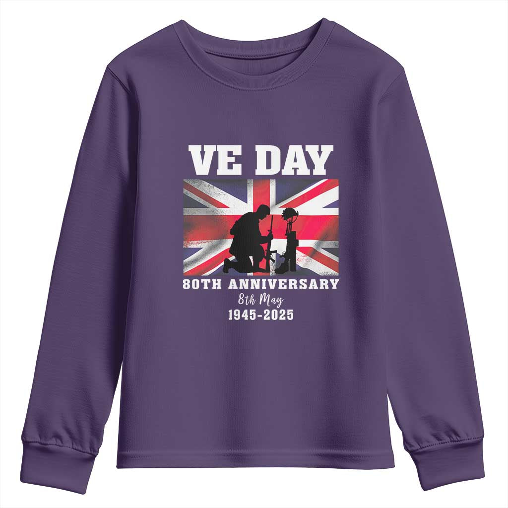 VE Day 80th Anniversary Youth Sweatshirt Victory in Europe Union Flag WWII Remembrance TS02 Purple Print Your Wear