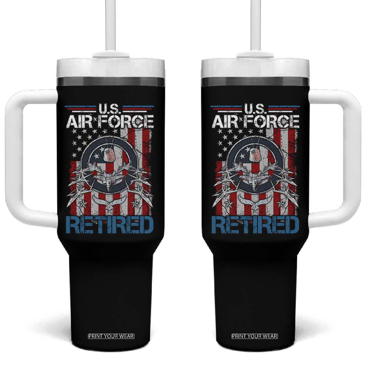 Veteran US Air Force Retired Tumbler With Handle Vintage American Flag TS11 One Size: 40 oz Black Print Your Wear