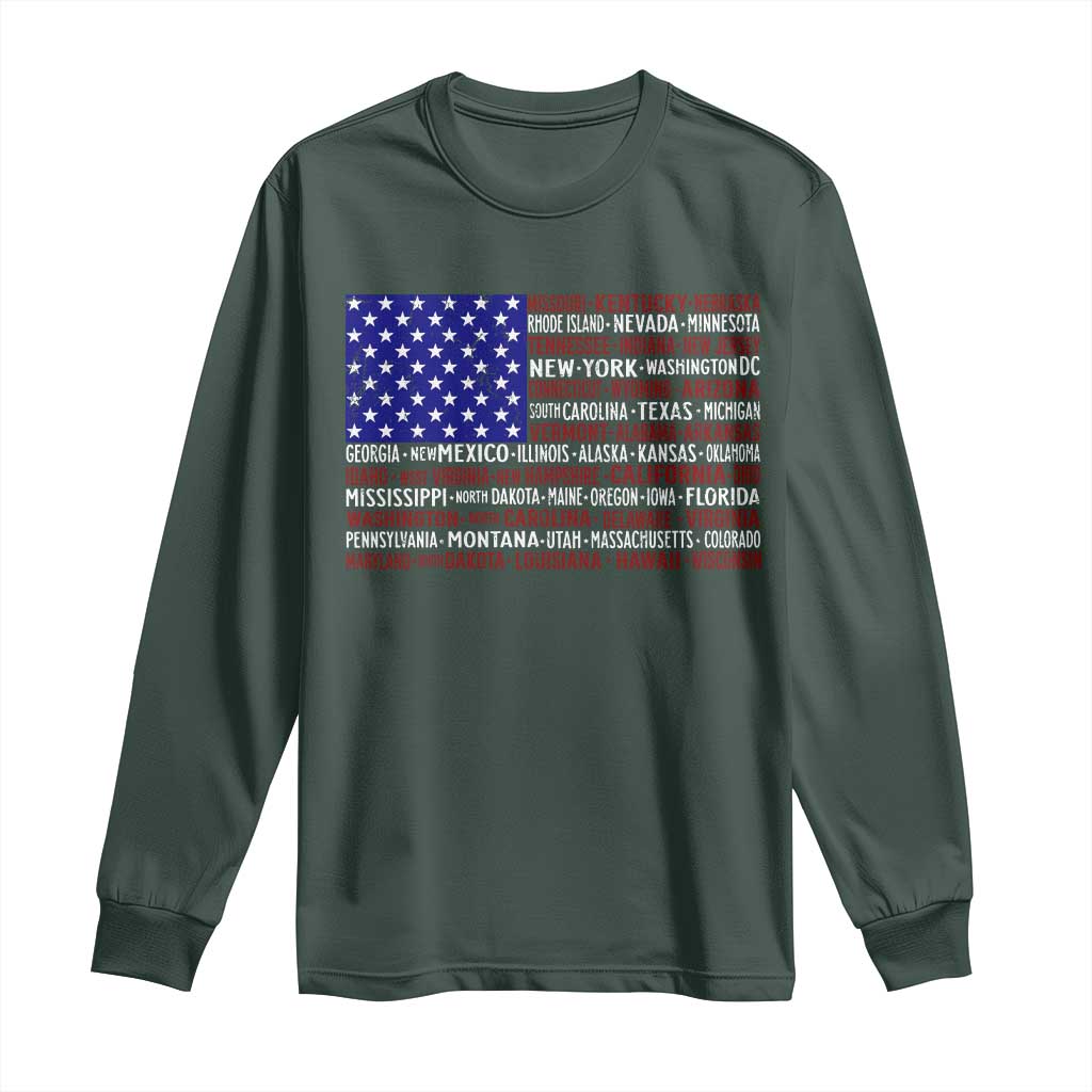 Vintage American Flag Long Sleeve Shirt With States 4th Of July TS10 Dark Forest Green Print Your Wear