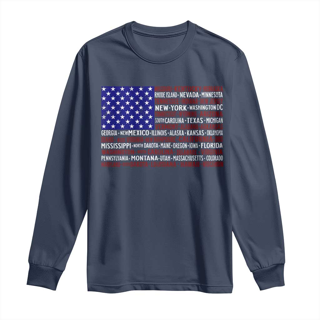 Vintage American Flag Long Sleeve Shirt With States 4th Of July TS10 Navy Print Your Wear