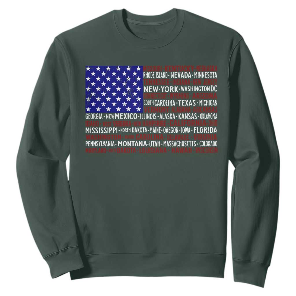 Vintage American Flag Sweatshirt With States 4th Of July TS10 Dark Forest Green Print Your Wear