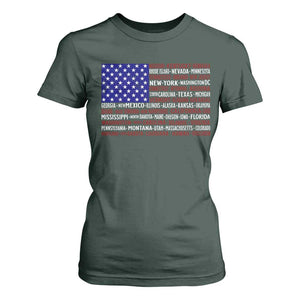 Vintage American Flag T Shirt For Women With States 4th Of July TS10 Dark Forest Green Print Your Wear