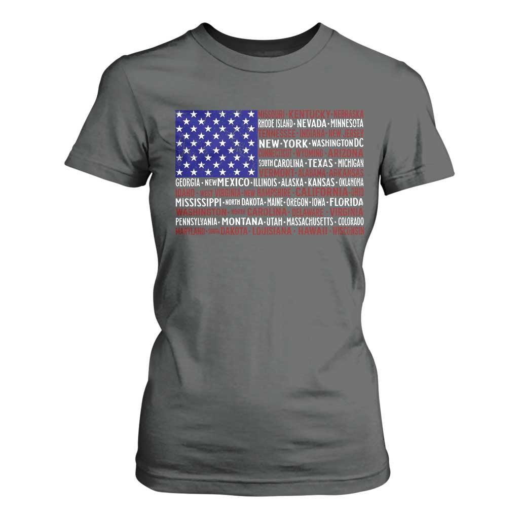 Vintage American Flag T Shirt For Women With States 4th Of July TS10 Dark Heather Print Your Wear
