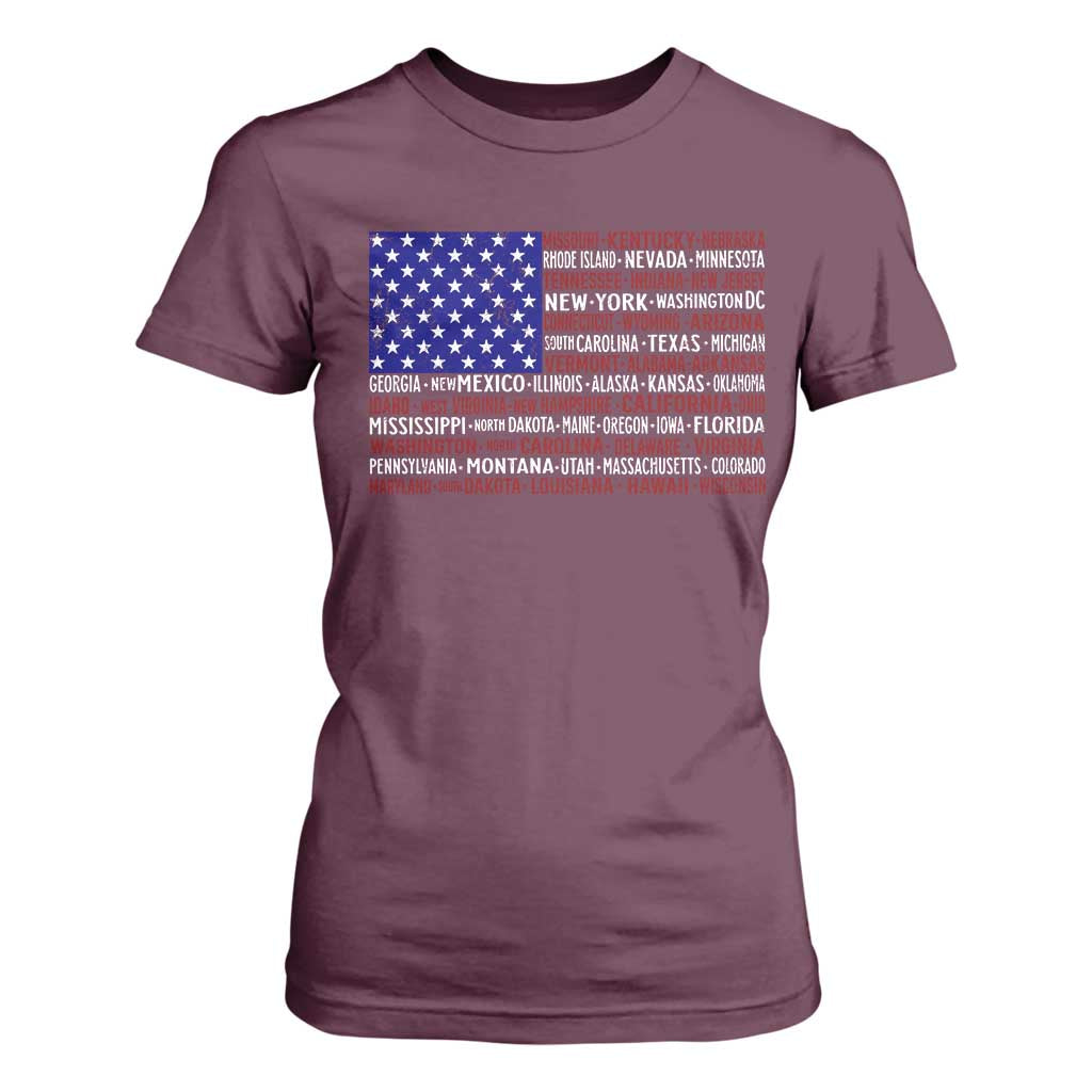 Vintage American Flag T Shirt For Women With States 4th Of July TS10 Maroon Print Your Wear