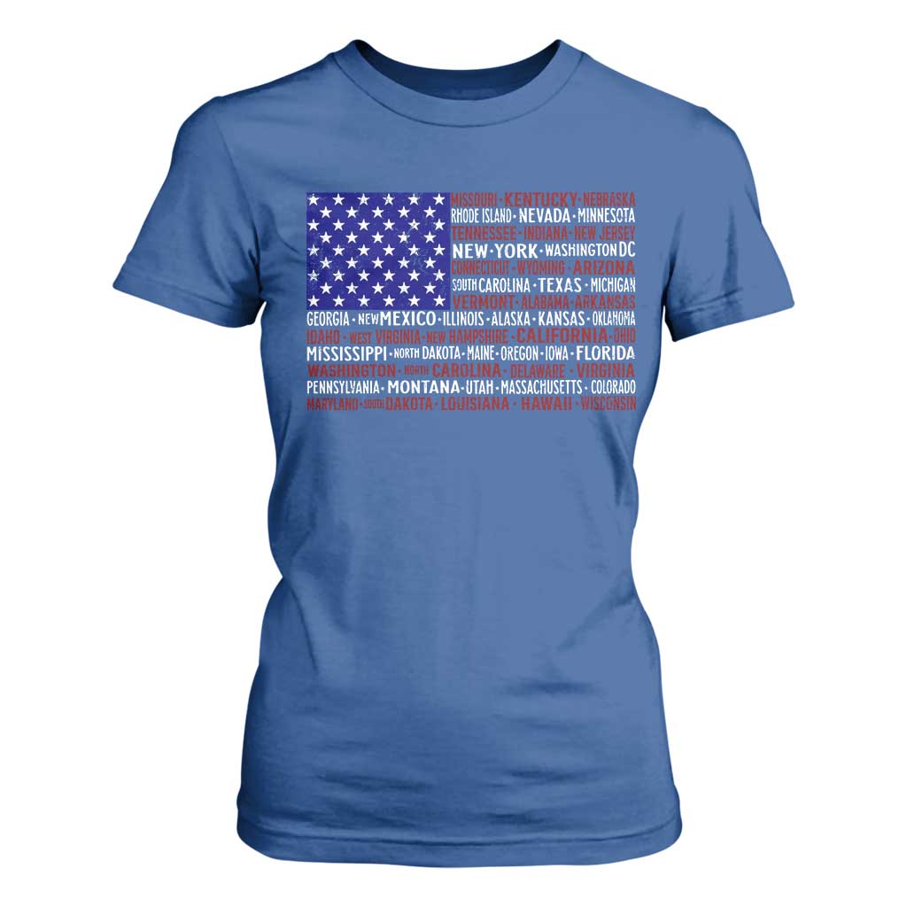 Vintage American Flag T Shirt For Women With States 4th Of July TS10 Royal Blue Print Your Wear