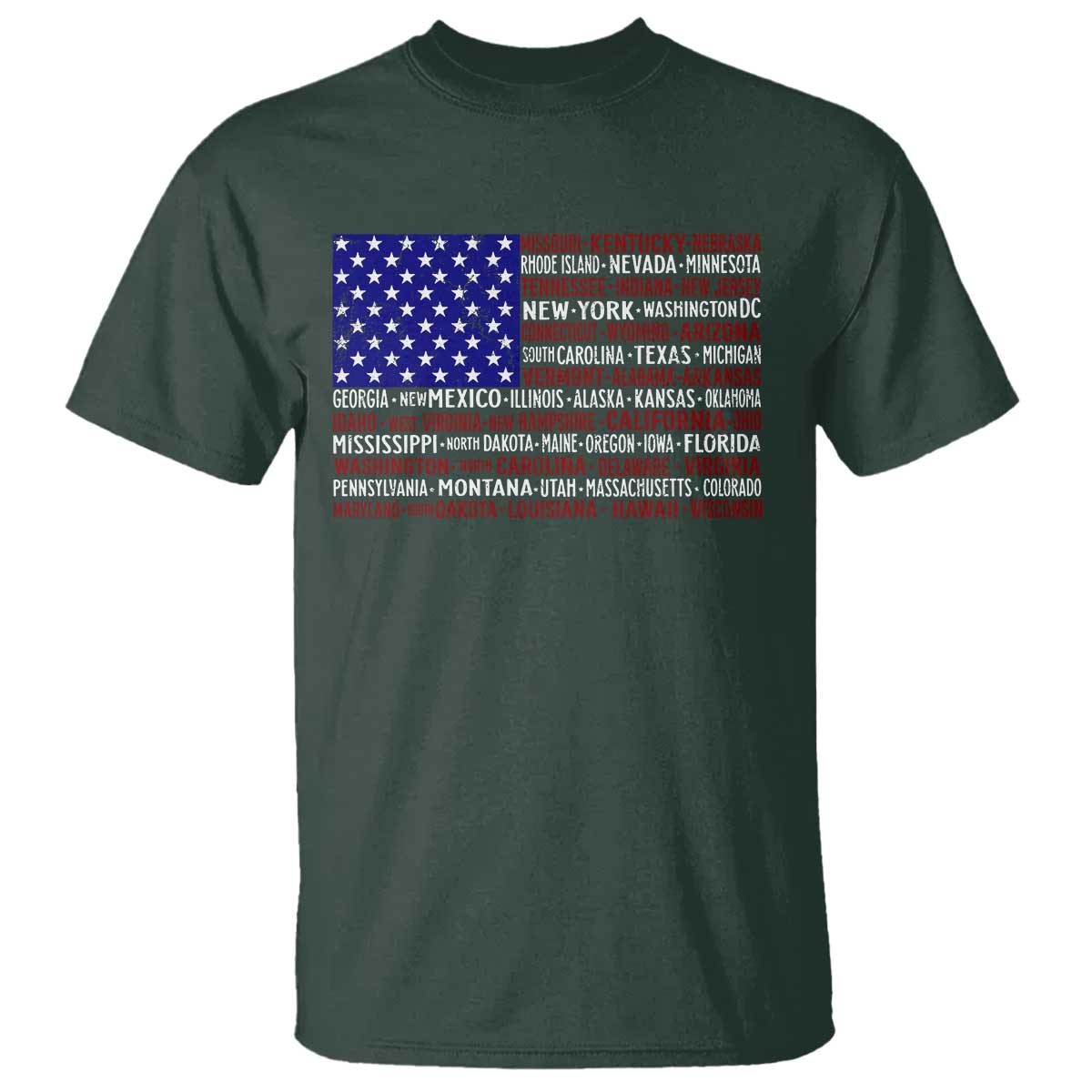 Vintage American Flag T Shirt With States 4th Of July TS10 Dark Forest Green Print Your Wear