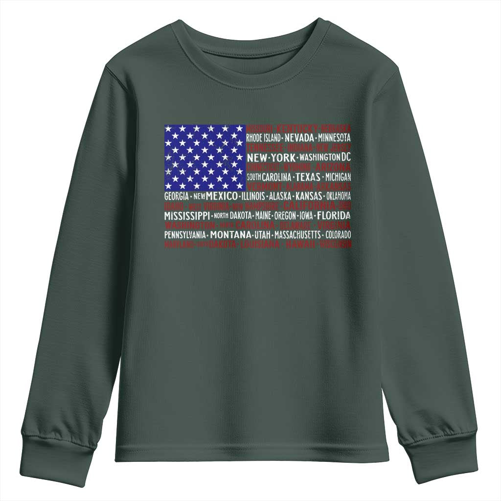 Vintage American Flag Youth Sweatshirt With States 4th Of July TS10 Dark Forest Green Print Your Wear