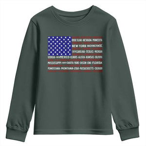 Vintage American Flag Youth Sweatshirt With States 4th Of July TS10 Dark Forest Green Print Your Wear
