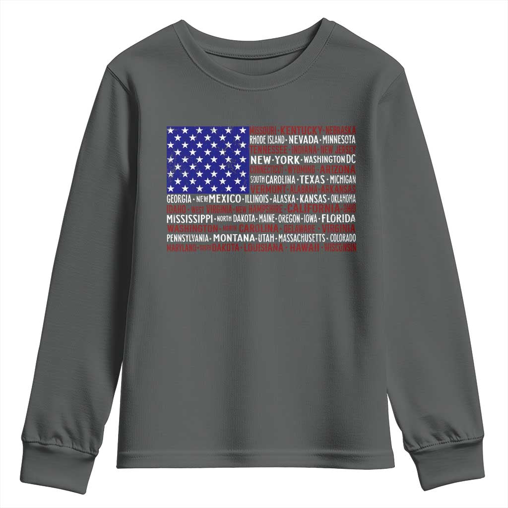 Vintage American Flag Youth Sweatshirt With States 4th Of July TS10 Dark Heather Print Your Wear