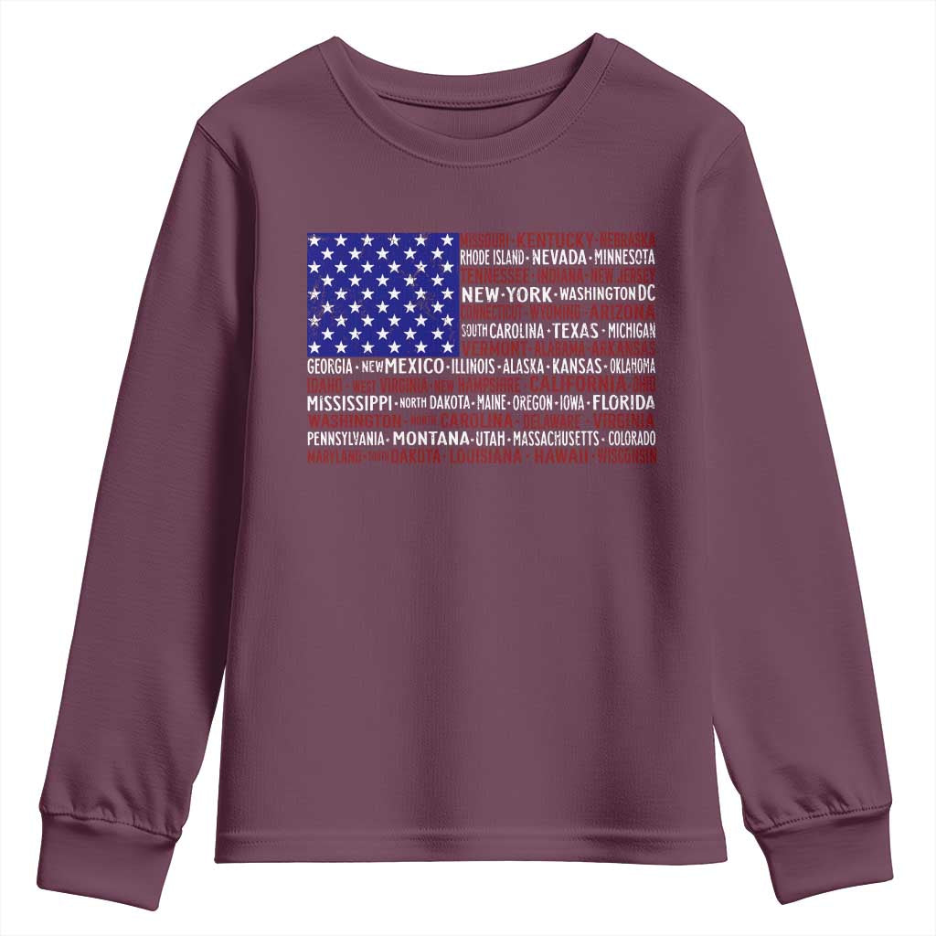 Vintage American Flag Youth Sweatshirt With States 4th Of July TS10 Maroon Print Your Wear