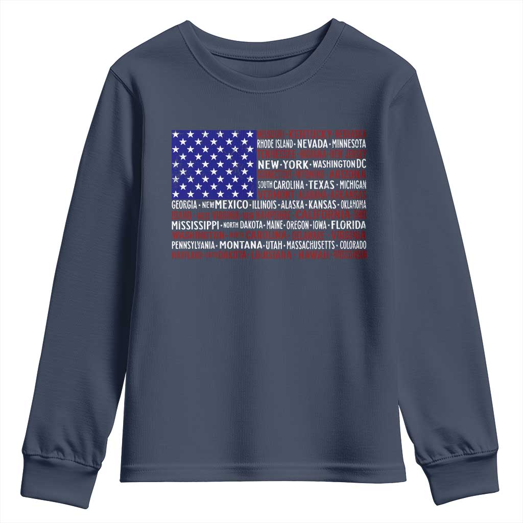 Vintage American Flag Youth Sweatshirt With States 4th Of July TS10 Navy Print Your Wear