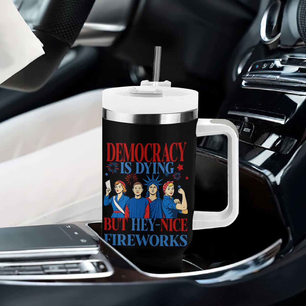 Vintage Feminist Americana Tumbler With Handle Democracy Is Dying But Hey Nice Fireworks Funny 4th Of July TS02 Print Your Wear