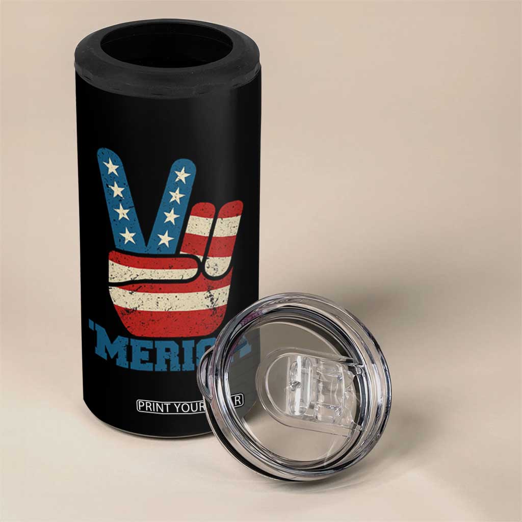 Vintage Merica Peace Sign 4 in 1 Can Cooler Tumbler Retro Patriotic 4th of July USA Flag TS02 Print Your Wear