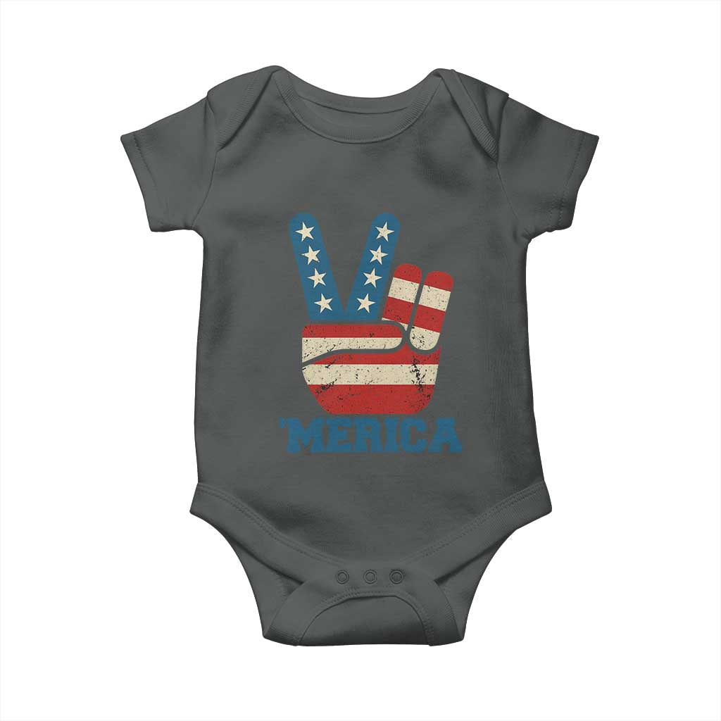 Vintage Merica Peace Sign Baby Onesie Retro Patriotic 4th of July USA Flag TS02 Dark Heather Print Your Wear