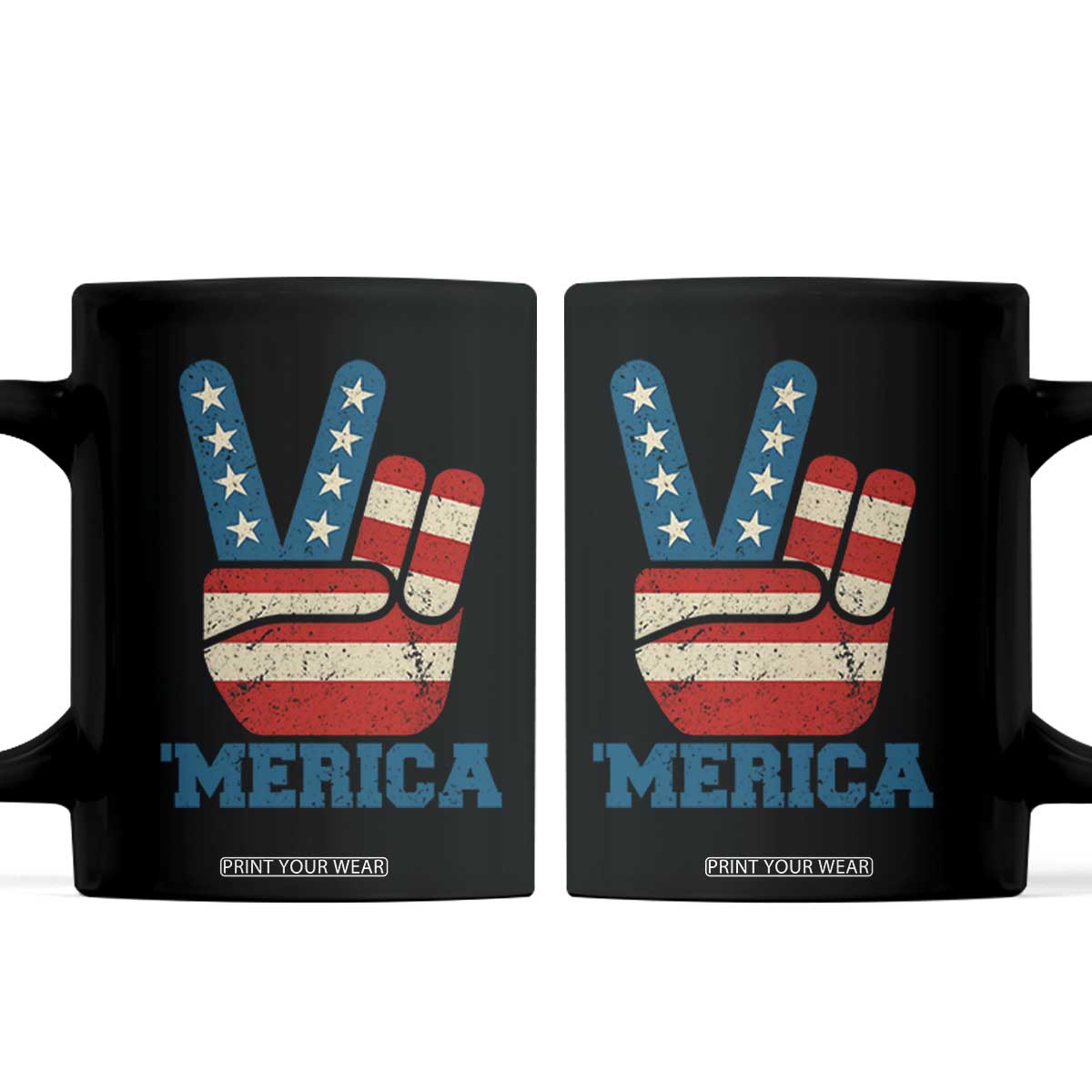 Vintage Merica Peace Sign Coffee Mug Retro Patriotic 4th of July USA Flag TS02 Black Print Your Wear