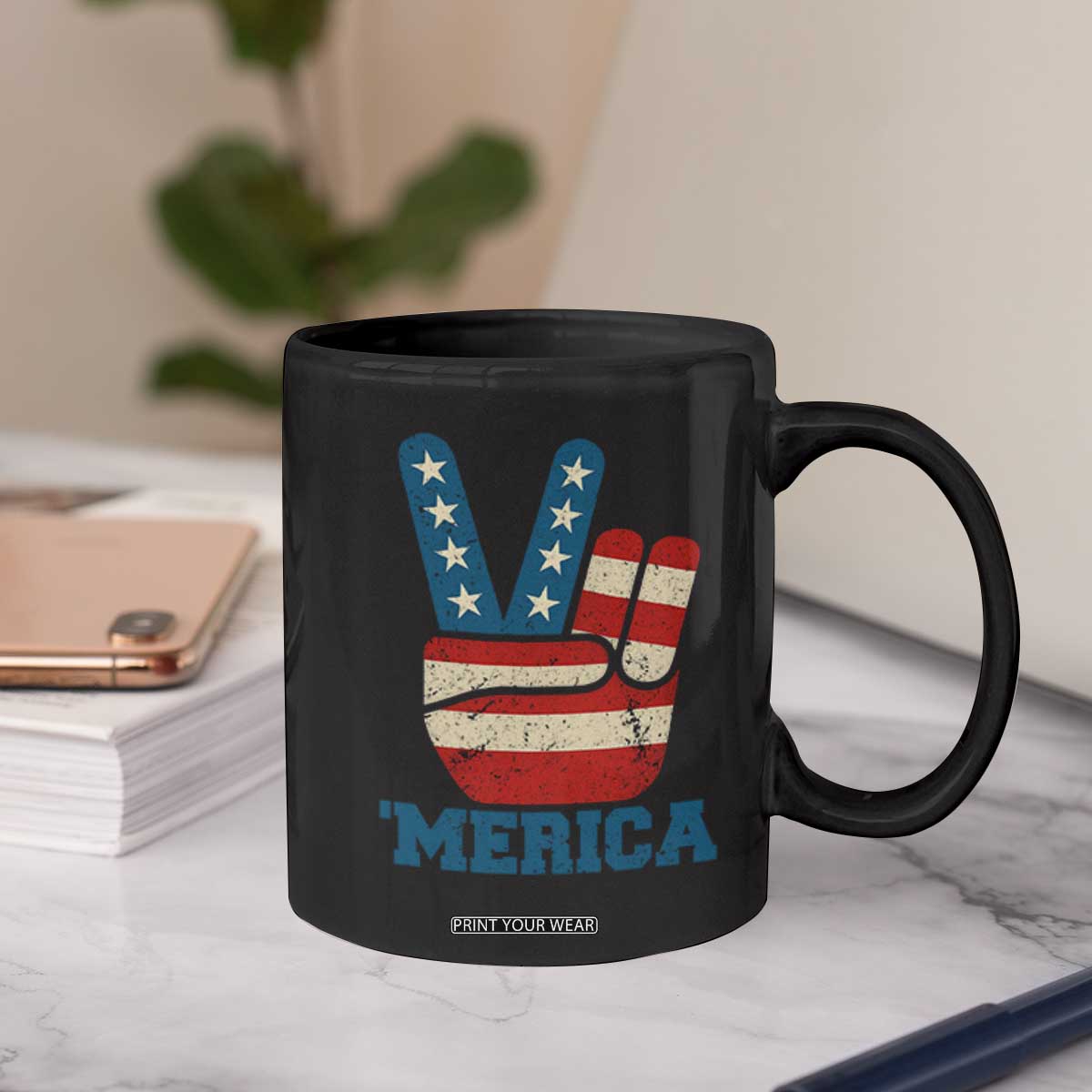 Vintage Merica Peace Sign Coffee Mug Retro Patriotic 4th of July USA Flag TS02 Print Your Wear
