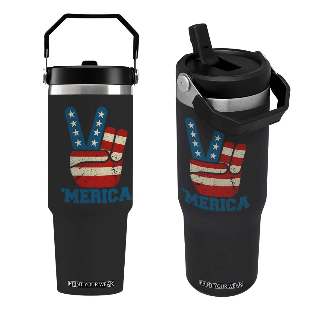 Vintage Merica Peace Sign Flip Straw Tumbler Retro Patriotic 4th of July USA Flag TS02 One Size: 30 oz Black Print Your Wear
