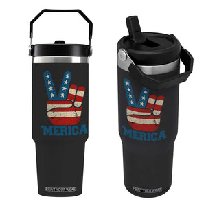 Vintage Merica Peace Sign Flip Straw Tumbler Retro Patriotic 4th of July USA Flag TS02 One Size: 30 oz Black Print Your Wear