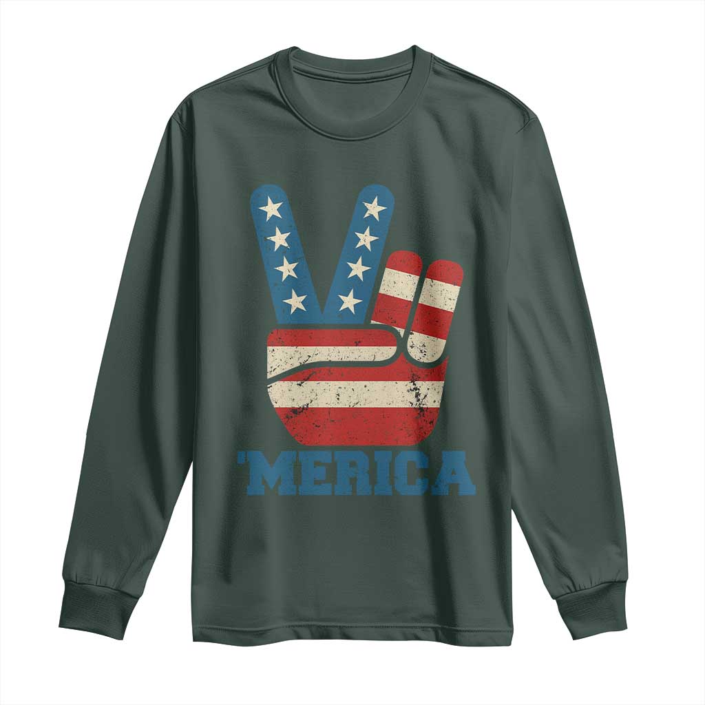 Vintage Merica Peace Sign Long Sleeve Shirt Retro Patriotic 4th of July USA Flag TS02 Dark Forest Green Print Your Wear