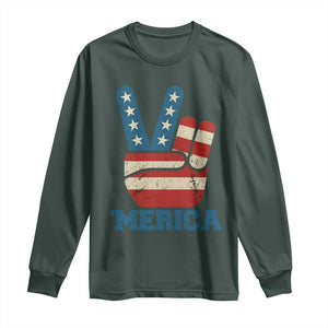 Vintage Merica Peace Sign Long Sleeve Shirt Retro Patriotic 4th of July USA Flag TS02 Dark Forest Green Print Your Wear