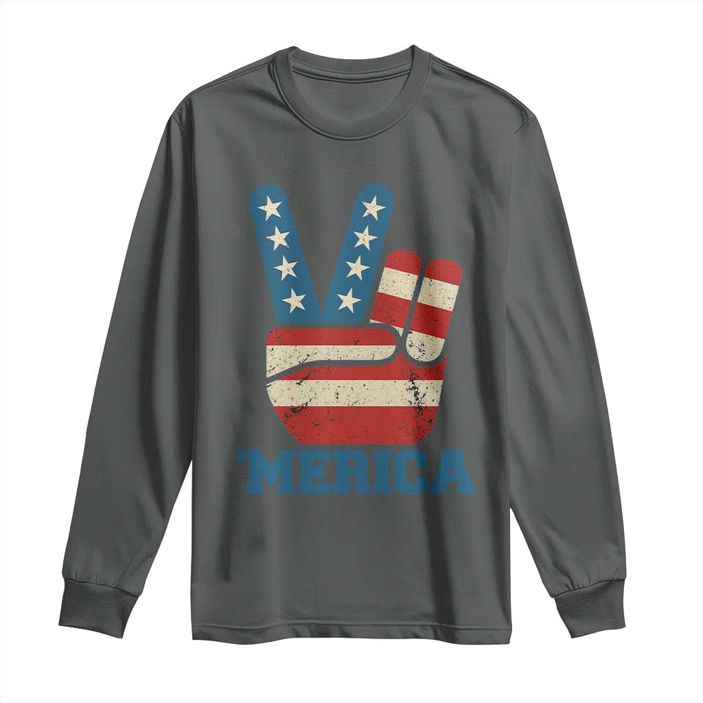 Vintage Merica Peace Sign Long Sleeve Shirt Retro Patriotic 4th of July USA Flag TS02 Dark Heather Print Your Wear