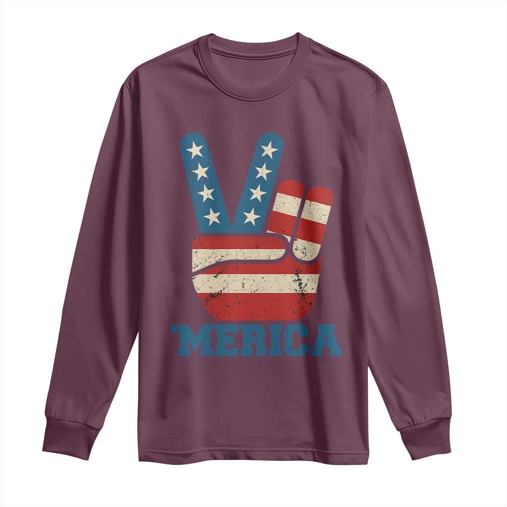 Vintage Merica Peace Sign Long Sleeve Shirt Retro Patriotic 4th of July USA Flag TS02 Maroon Print Your Wear