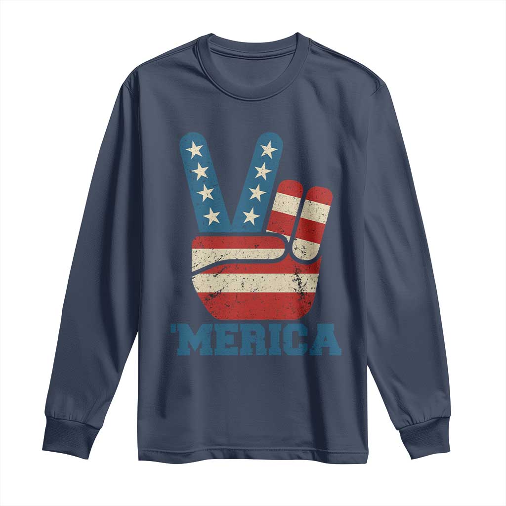 Vintage Merica Peace Sign Long Sleeve Shirt Retro Patriotic 4th of July USA Flag TS02 Navy Print Your Wear