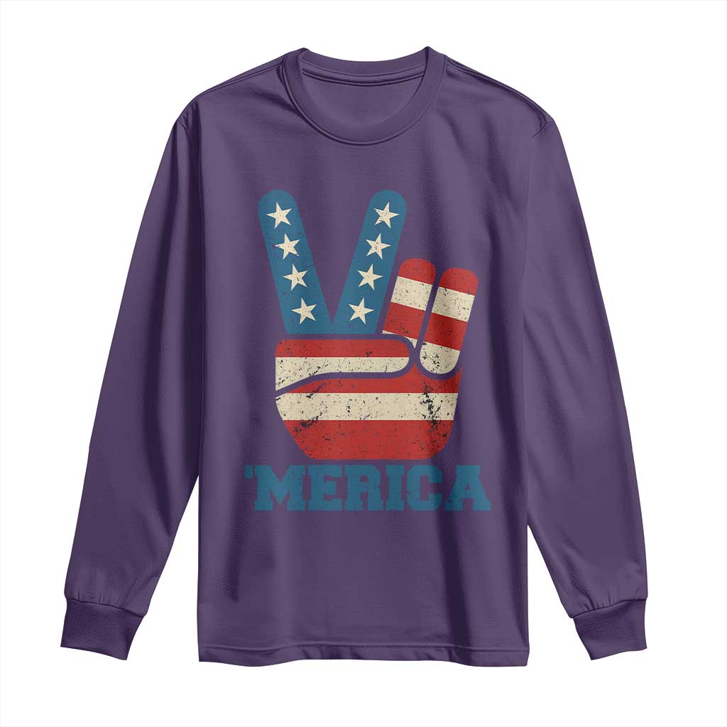 Vintage Merica Peace Sign Long Sleeve Shirt Retro Patriotic 4th of July USA Flag TS02 Purple Print Your Wear