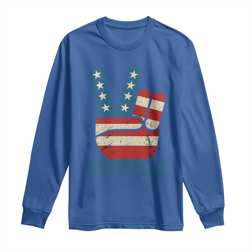 Vintage Merica Peace Sign Long Sleeve Shirt Retro Patriotic 4th of July USA Flag TS02 Royal Blue Print Your Wear