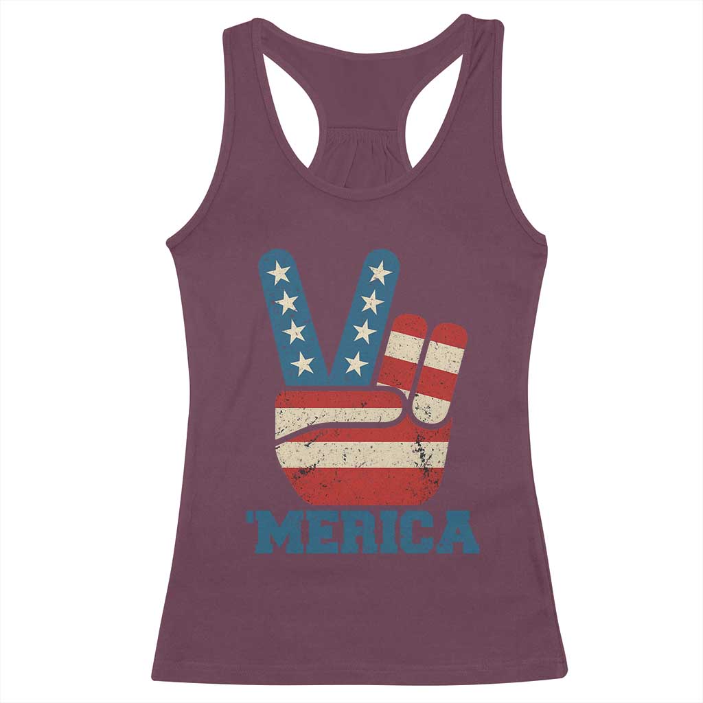Vintage Merica Peace Sign Racerback Tank Top Retro Patriotic 4th of July USA Flag TS02 Maroon Print Your Wear