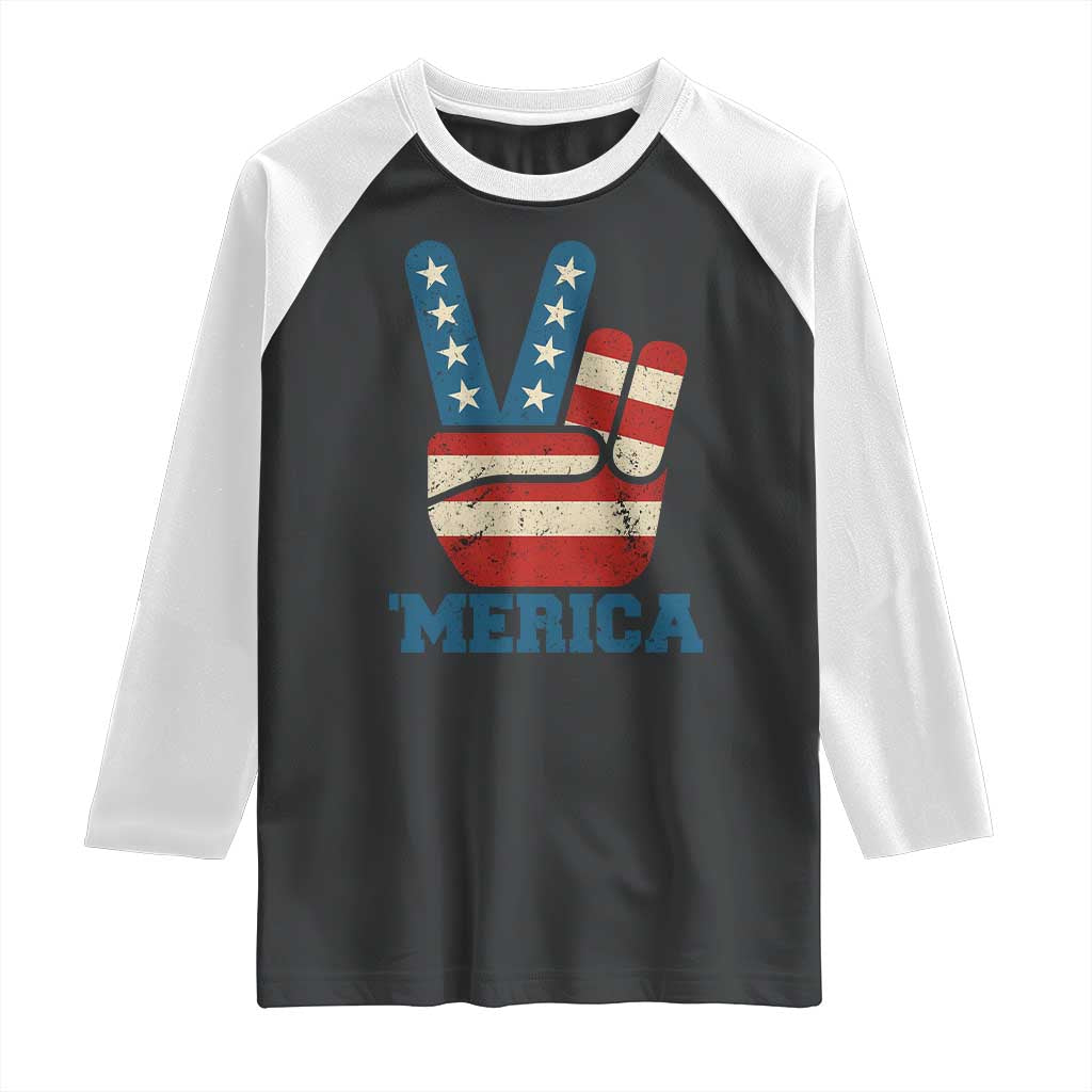 Vintage Merica Peace Sign Raglan Shirt Retro Patriotic 4th of July USA Flag TS02 Black White Print Your Wear
