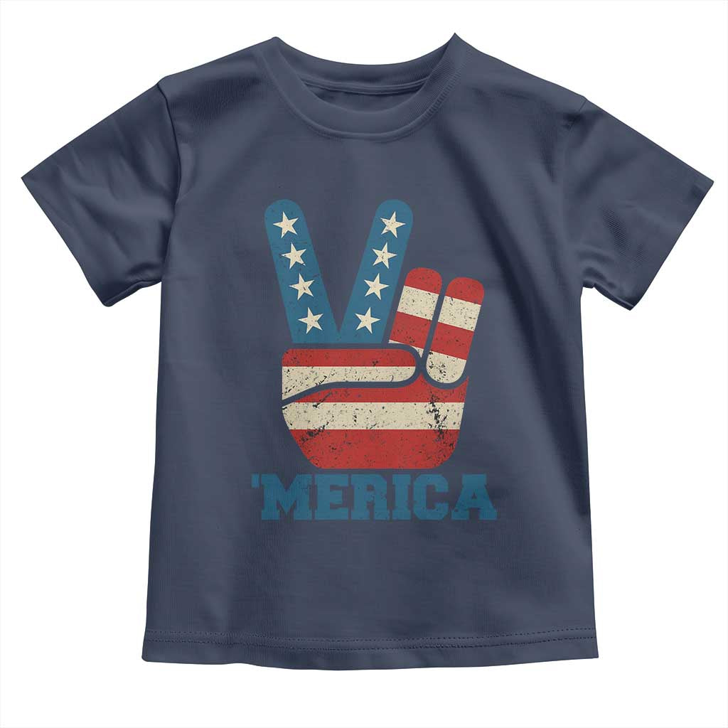 Vintage Merica Peace Sign Toddler T Shirt Retro Patriotic 4th of July USA Flag TS02 Navy Print Your Wear