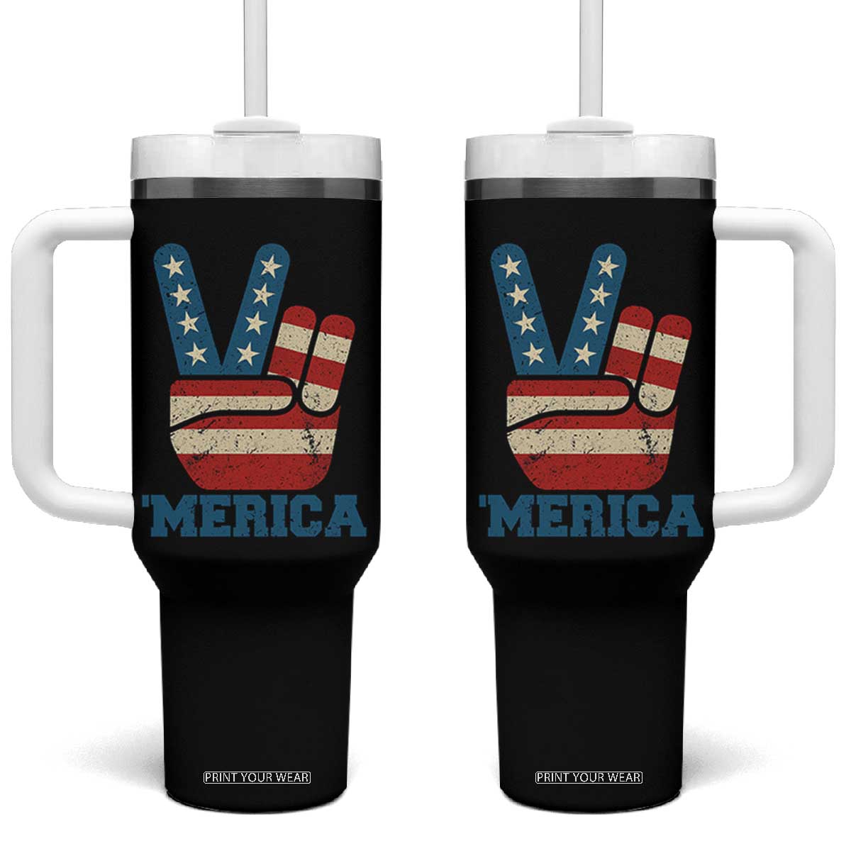 Vintage Merica Peace Sign Tumbler With Handle Retro Patriotic 4th of July USA Flag TS02 One Size: 40 oz Black Print Your Wear