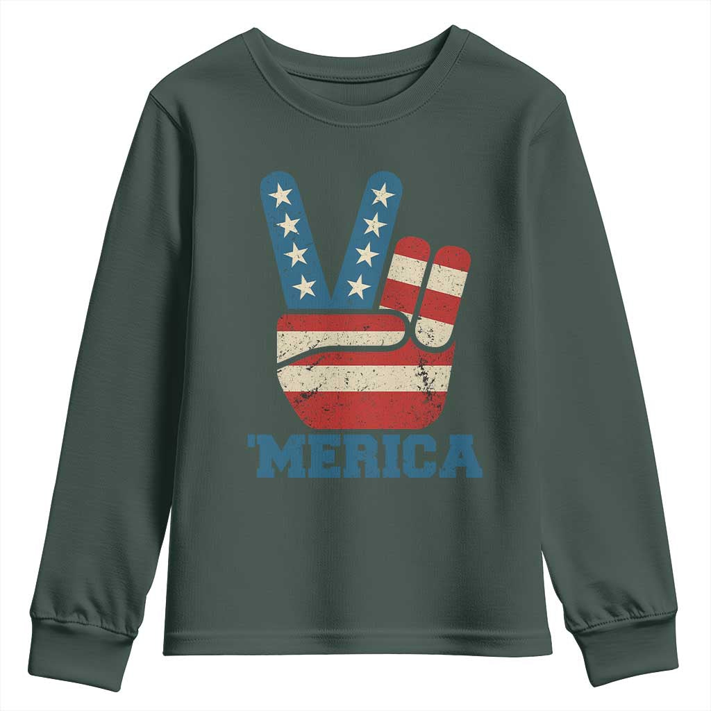 Vintage Merica Peace Sign Youth Sweatshirt Retro Patriotic 4th of July USA Flag TS02 Dark Forest Green Print Your Wear