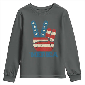 Vintage Merica Peace Sign Youth Sweatshirt Retro Patriotic 4th of July USA Flag TS02 Dark Heather Print Your Wear