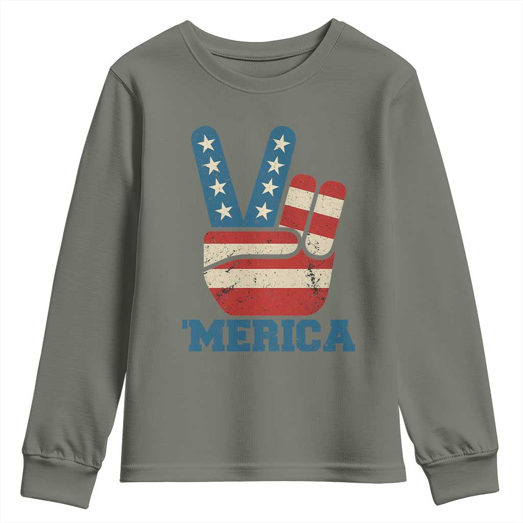 Vintage Merica Peace Sign Youth Sweatshirt Retro Patriotic 4th of July USA Flag TS02 Military Green Print Your Wear