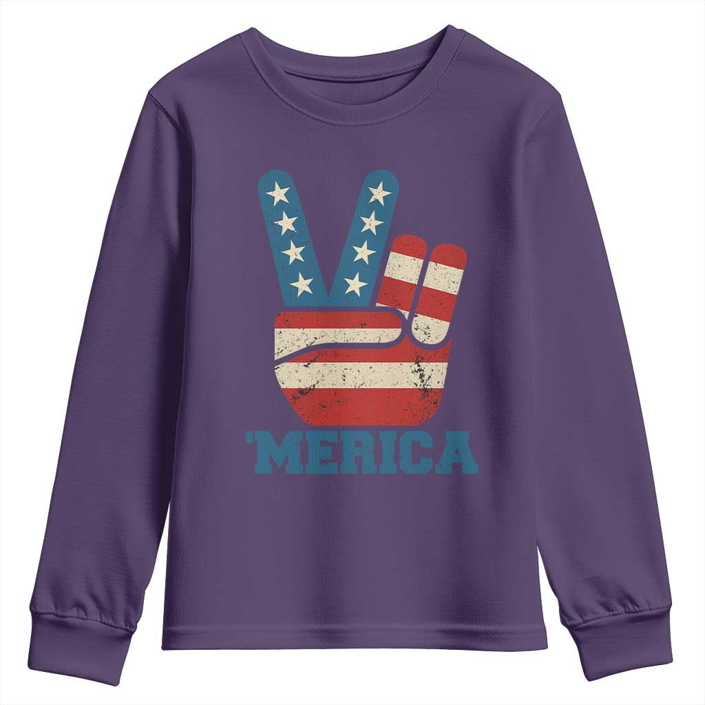 Vintage Merica Peace Sign Youth Sweatshirt Retro Patriotic 4th of July USA Flag TS02 Purple Print Your Wear