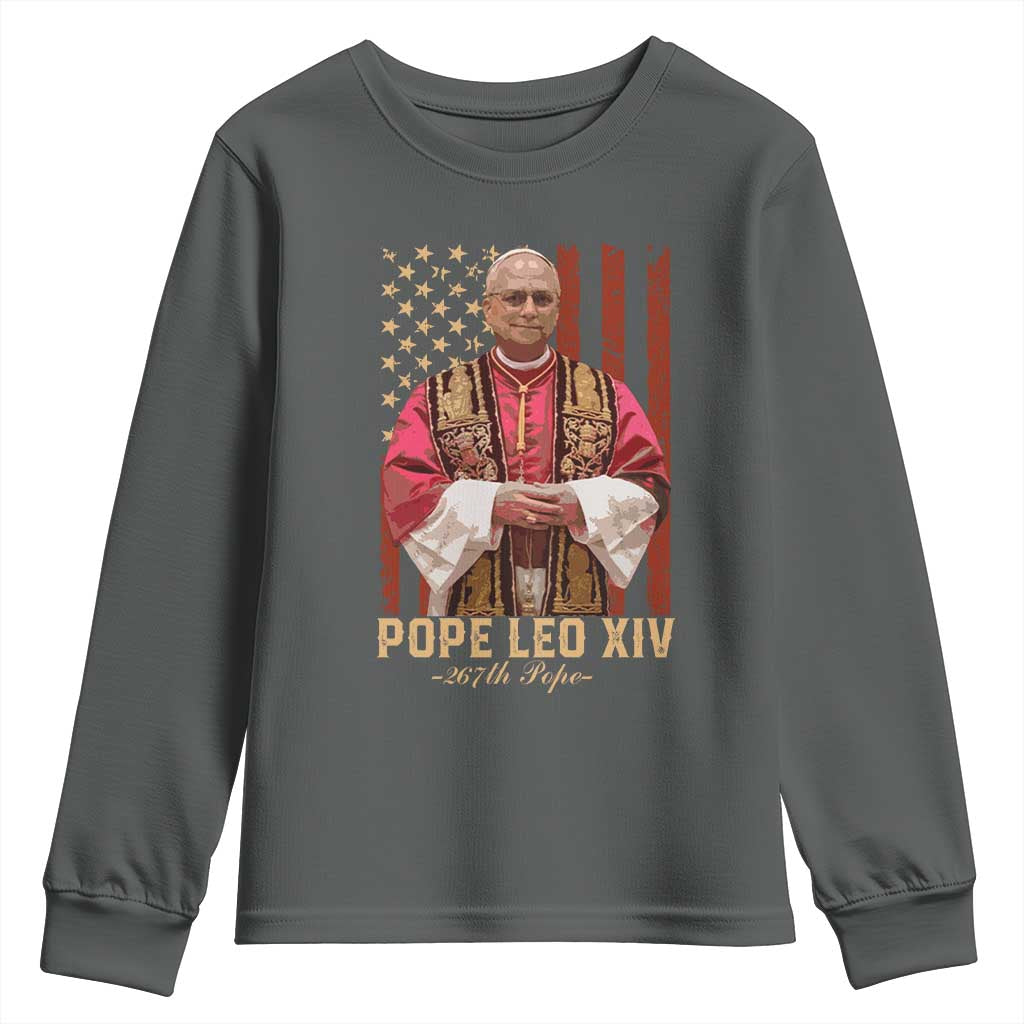 Vintage Pope Leo XIV Youth Sweatshirt 267th Pope American Flag TS02 Dark Heather Print Your Wear