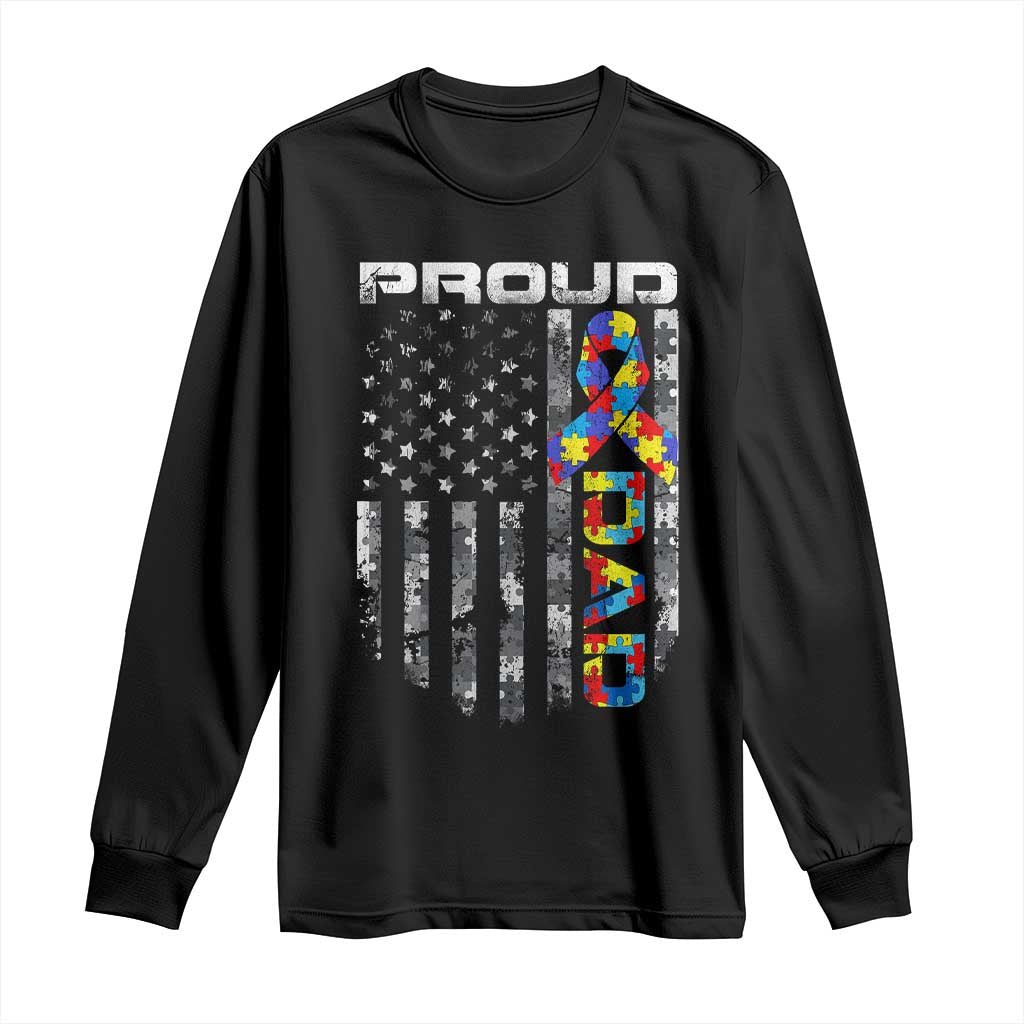 Vintage Proud Autism Dad Long Sleeve Shirt USA American Flag Father Day TS10 Black Print Your Wear