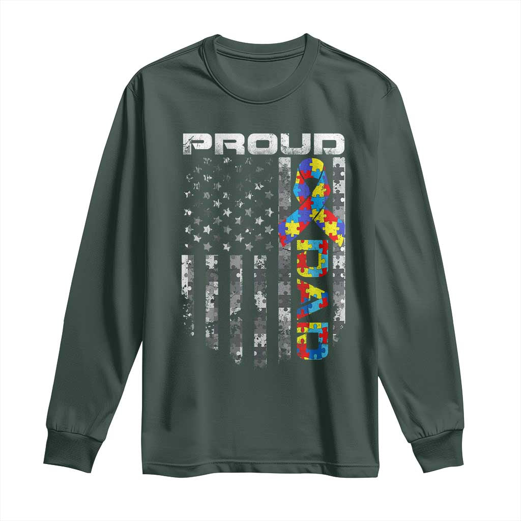 Vintage Proud Autism Dad Long Sleeve Shirt USA American Flag Father Day TS10 Dark Forest Green Print Your Wear