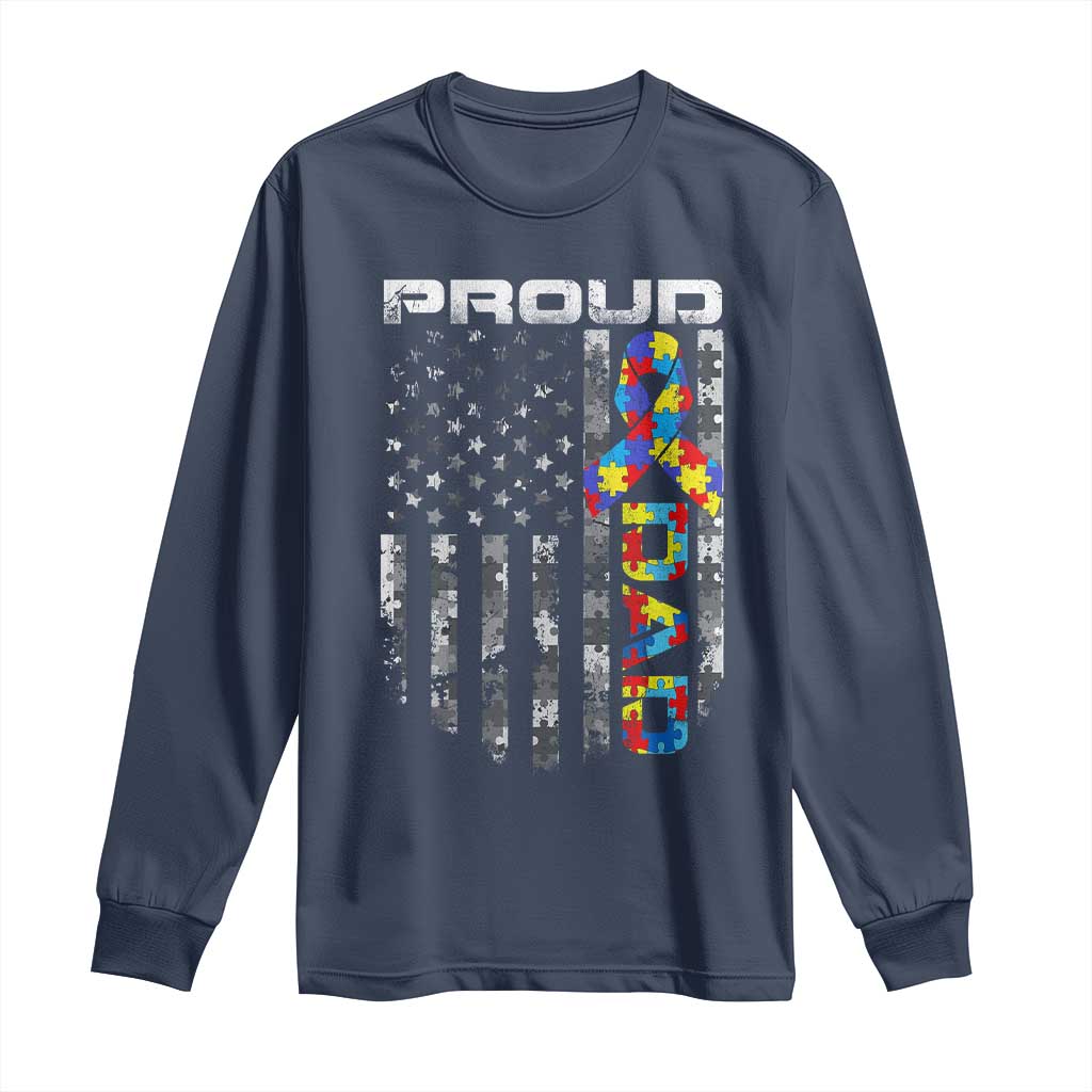 Vintage Proud Autism Dad Long Sleeve Shirt USA American Flag Father Day TS10 Navy Print Your Wear