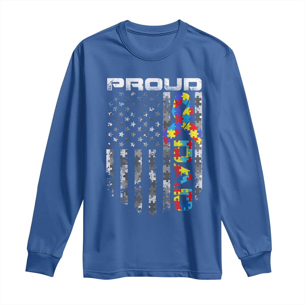 Vintage Proud Autism Dad Long Sleeve Shirt USA American Flag Father Day TS10 Royal Blue Print Your Wear